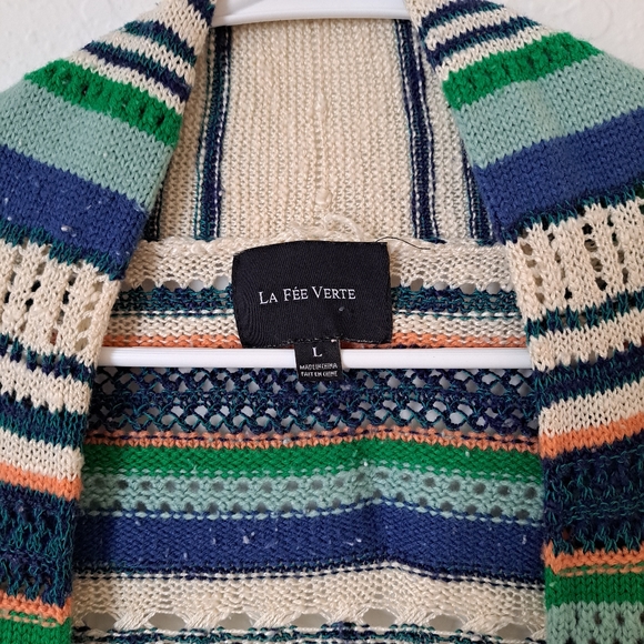 La Fee Verte By Anthropologie Open Front Striped Cardigan With Tassle Fringe SzL - Picture 3 of 4